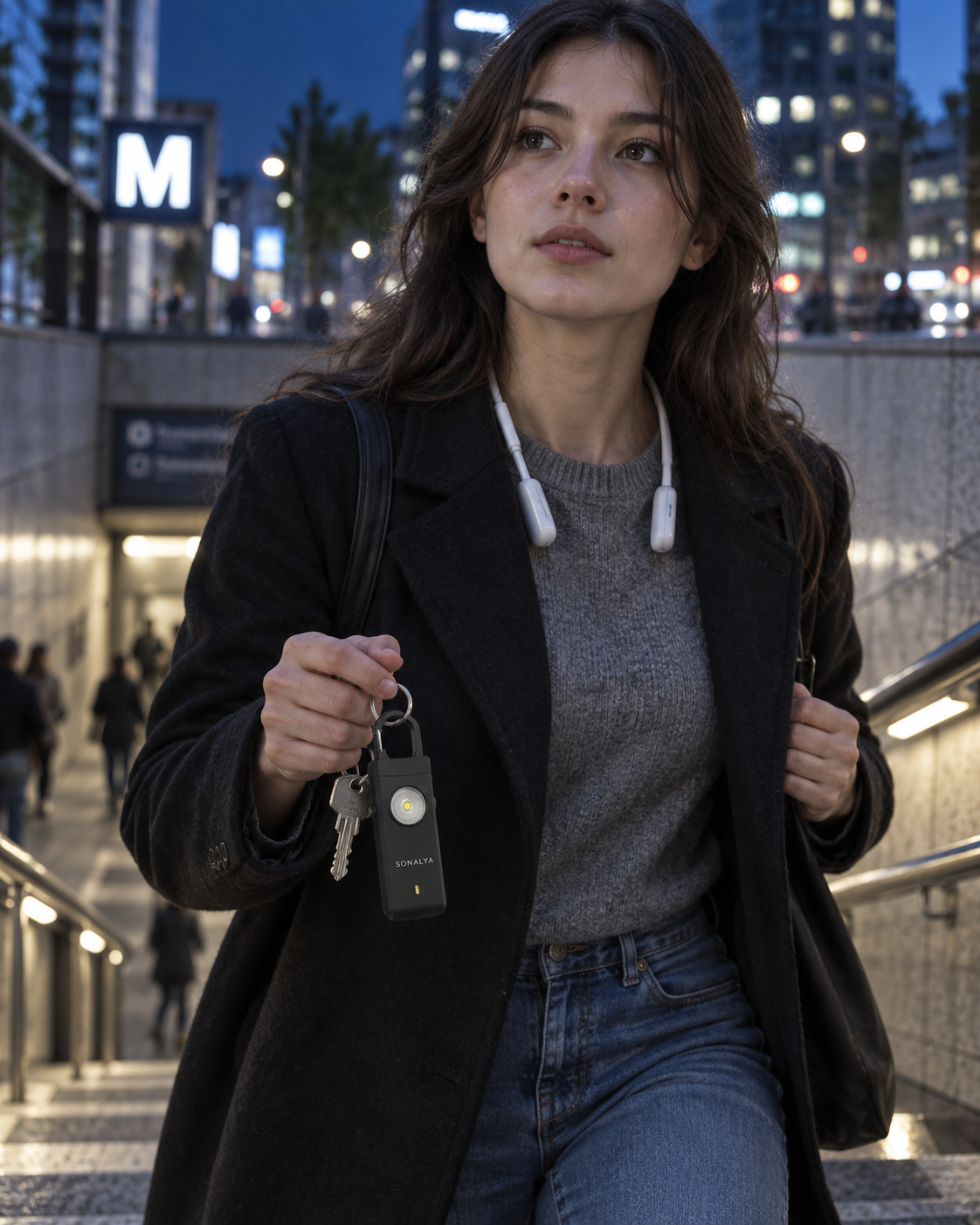 Sortie de metro le soir, alarme SONALYA a portee de main