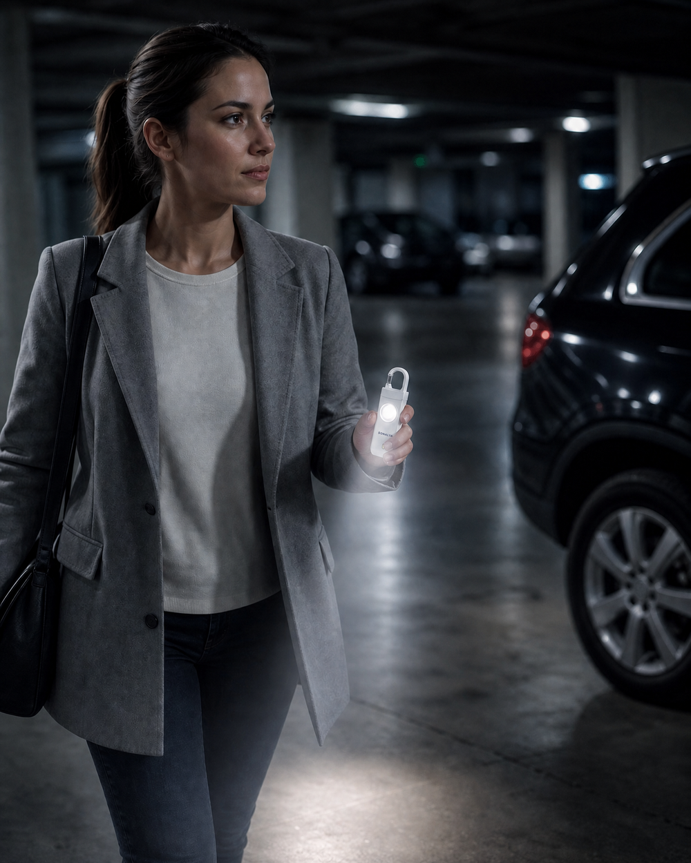 Parking souterrain, alarme SONALYA tenue dans la main