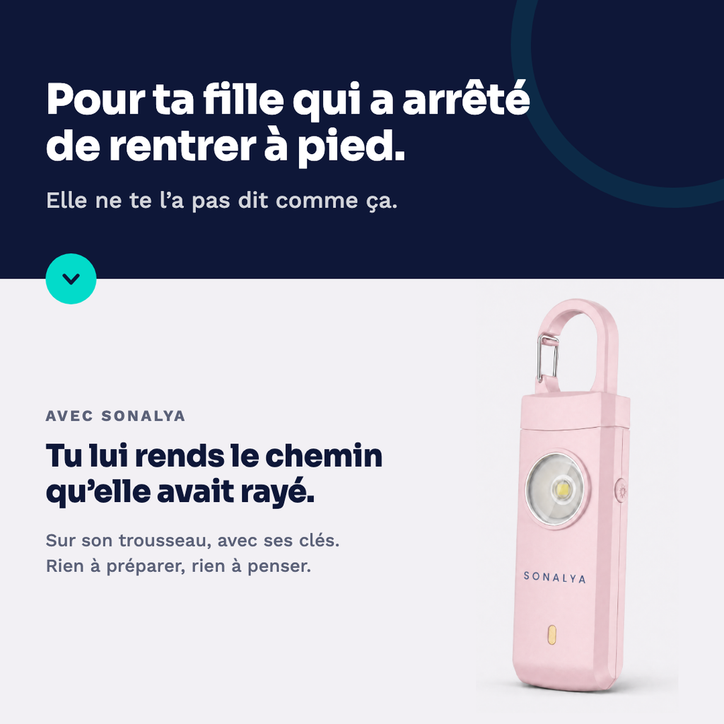 Pour ta fille qui a arrêté de rentrer à pied : tu lui rends le chemin qu'elle avait rayé. Porte-clés alarme SONALYA rose, sur son trousseau, avec ses clés.