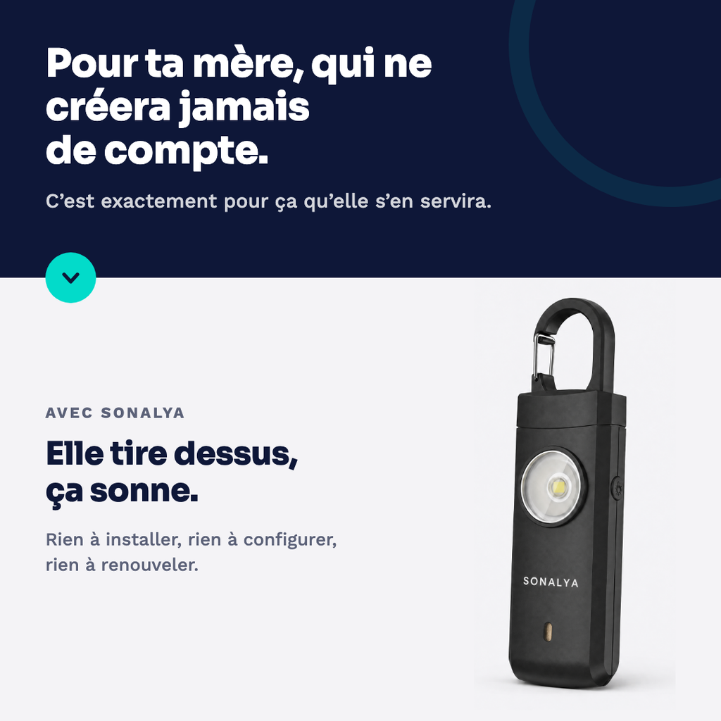 Pour ta mère, qui ne créera jamais de compte : elle tire dessus, ça sonne. Rien à installer, rien à configurer, rien à renouveler.