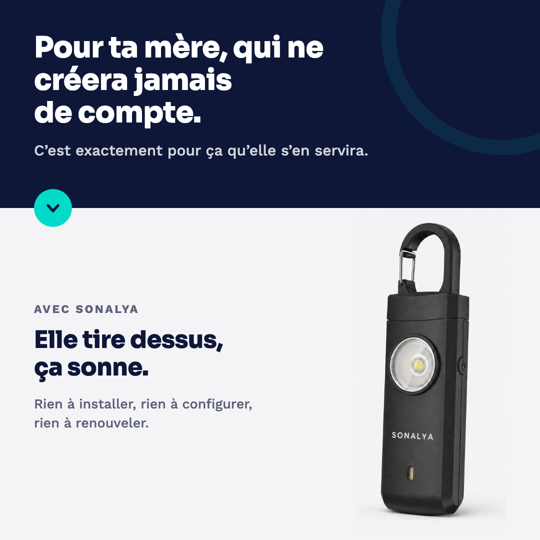 Pour ta mère, qui ne créera jamais de compte : elle tire dessus, ça sonne. Rien à installer, rien à configurer, rien à renouveler.