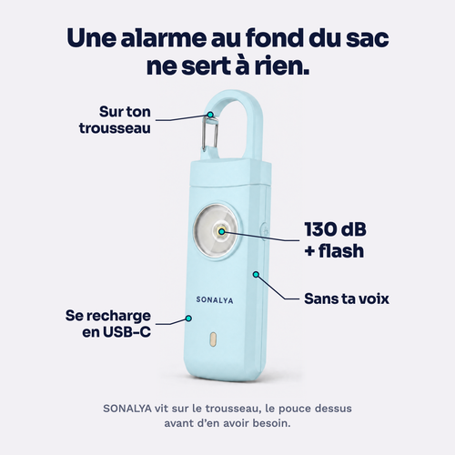 Porte-cle alarme SONALYA : 130 dB + flash, sans la voix, se recharge en USB-C, sur le trousseau