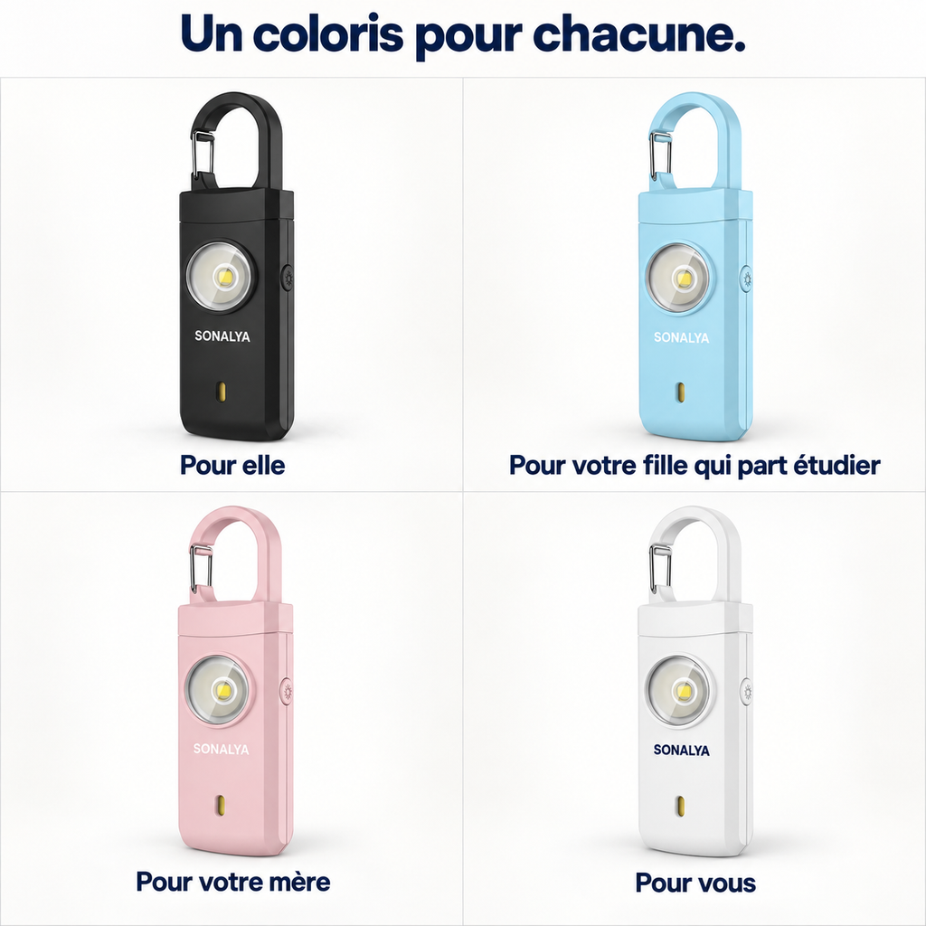 Les quatre coloris de l'alarme personnelle SONALYA : noir, bleu ciel, rose poudré et blanc