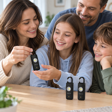 Une famille autour de trois alarmes posees sur la table
